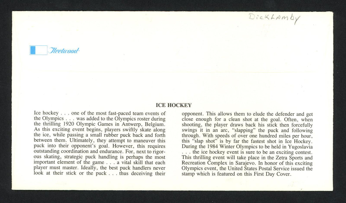 Dick Lamby Autographed First Day Cover 1976 Olympics USA Hockey SKU #159617 - RSA