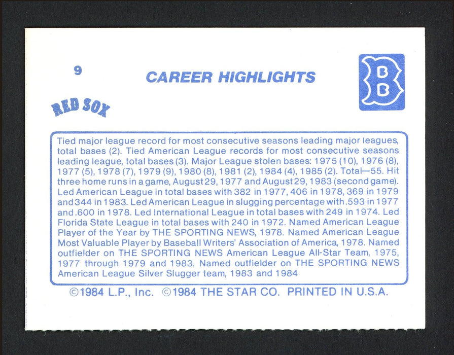 Jim Rice Autographed 1984 Star Card #9 Boston Red Sox SKU #164056 - RSA