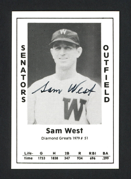 Sam West Autographed 1979 Diamond Greats Card #51 Washington Senators SKU #165608 - RSA