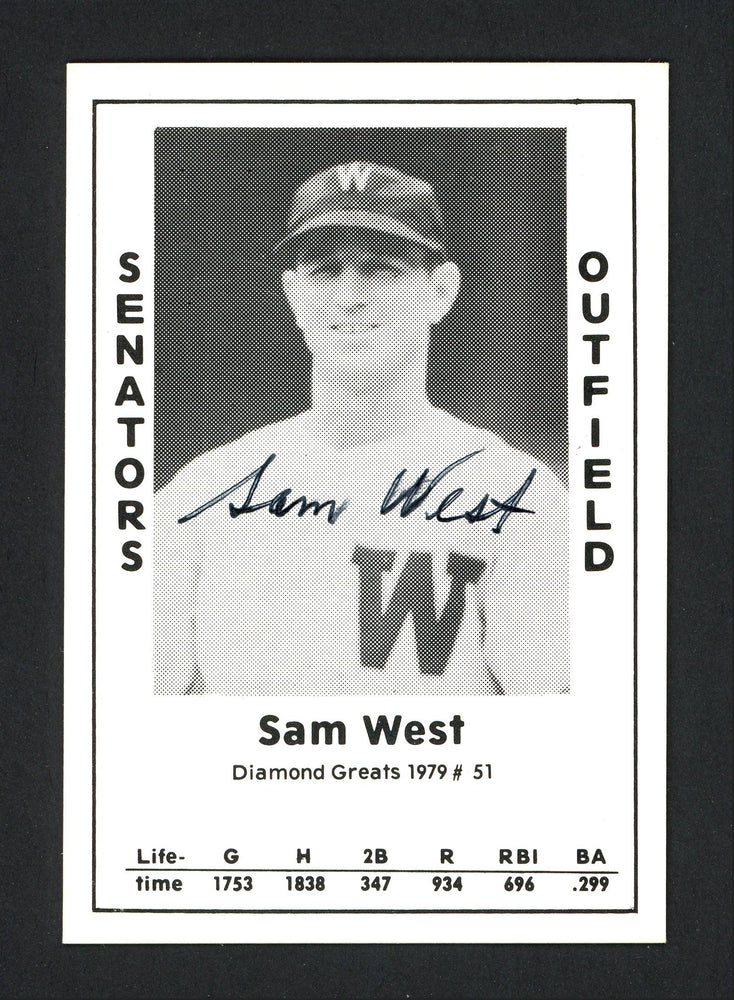 Sam West Autographed 1979 Diamond Greats Card #51 Washington Senators SKU #165608 - RSA