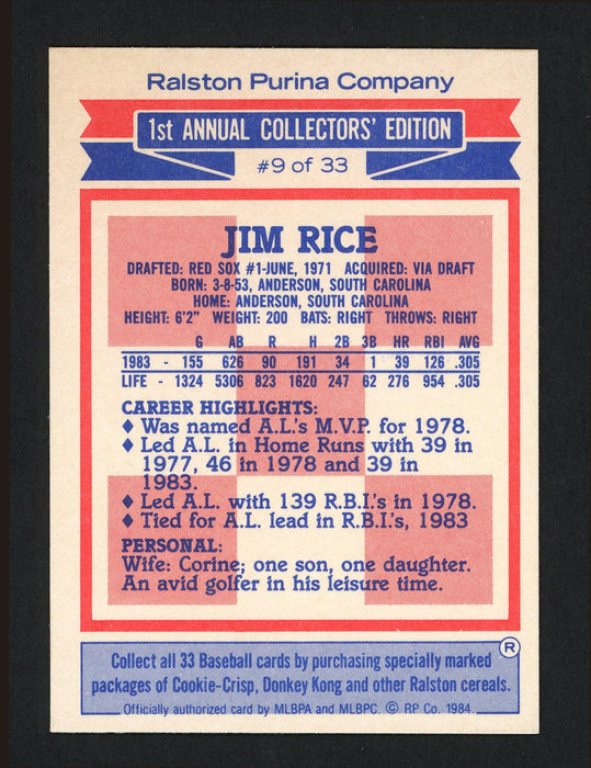 Jim Rice Autographed 1984 Topps Ralston Purina Card #9 Boston Red Sox SKU #164062 - RSA