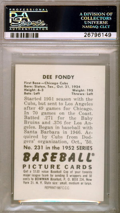 Dee Fondy Autographed 1987 1952 Bowman Reprint Card #231 Chicago Cubs PSA/DNA #26796149 - RSA