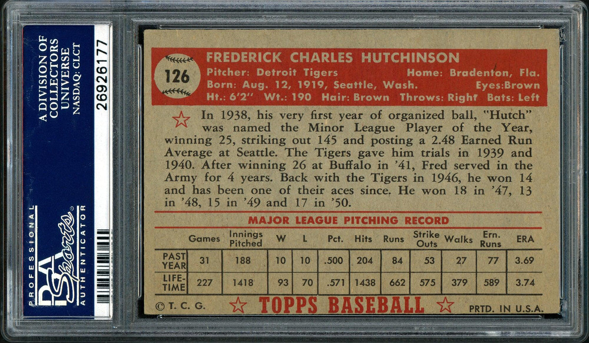 Fred Hutchinson Autographed 1952 Topps Card #126 Detroit Tigers PSA/DNA #26926177 - RSA