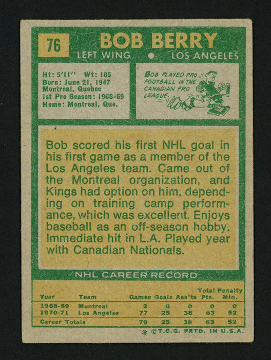 Bob Berry Autographed 1971-72 Topps Rookie Card #76 Los Angeles Kings SKU #154215 - RSA