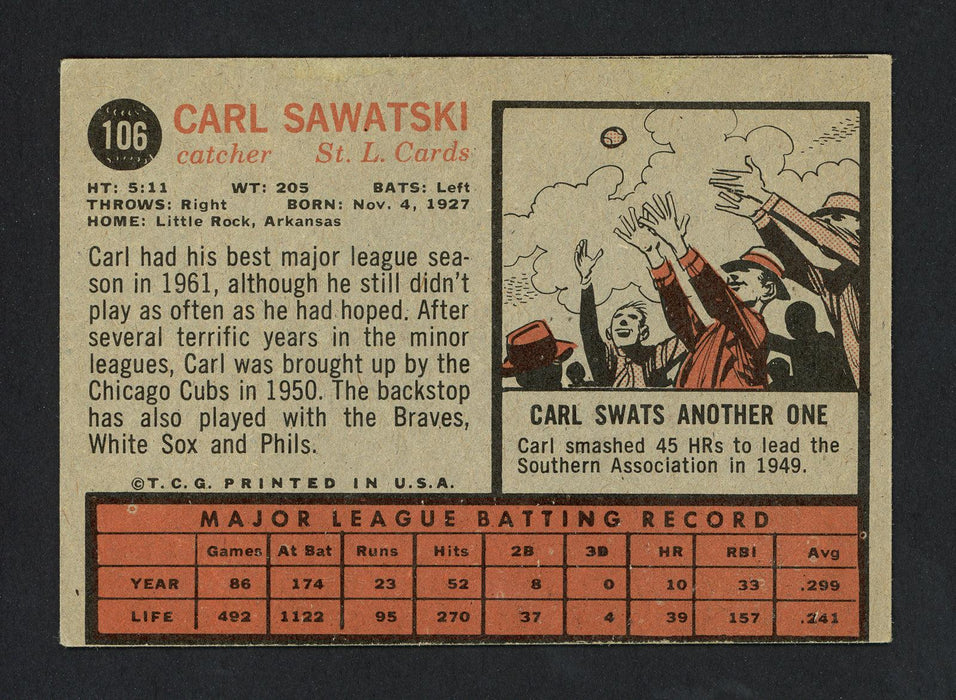 Carl Sawatski Autographed 1962 Topps Card #106 St. Louis Cardinals SKU #161875 - RSA