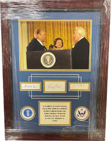 Gerald Ford/Betty Ford/Chief Justice Warren Burger signed Cut sigs Custom Framing 38th POTUS 11x14 Photo w/Seals-JSA LOA- 21x28 - RSA