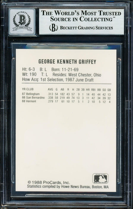 Ken Griffey Jr. Autographed 1988 Vermont Mariners Rookie Card Auto Grade Gem Mint 10 Beckett BAS #13314042 - RSA