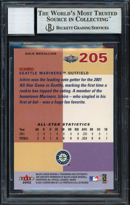Ichiro Suzuki Autographed 2002 Fleer Ultra Gold Medallion Card #205 Seattle Mariners Auto Grade 10 Beckett BAS #12669371 - RSA