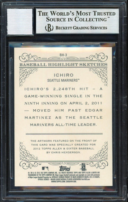 Ichiro Suzuki Autographed 2012 Topps Allen & Ginter Highlight Sketches Card #BH-3 Seattle Mariners Auto Grade 10 Beckett BAS #12669883 - RSA