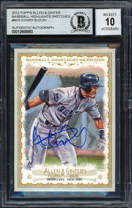 Ichiro Suzuki Autographed 2012 Topps Allen & Ginter Highlight Sketches Card #BH-3 Seattle Mariners Auto Grade 10 Beckett BAS #12669883 - RSA