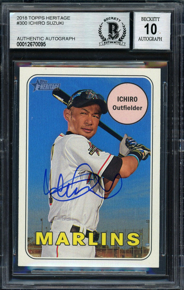 Ichiro Suzuki Autographed 2018 Topps Heritage Card #300 Miami Marlins Auto Grade 10 Beckett BAS Stock #189957 - RSA