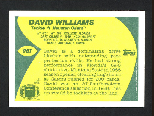 David Williams Autographed 1989 Topps Traded Rookie Card #98T Houston Oilers SKU #164103 - RSA