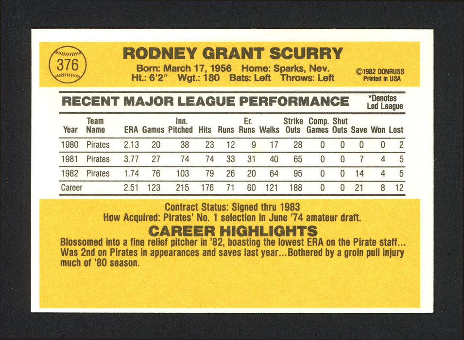 Rod Scurry Autographed 1983 Donruss Card #376 Pittsburgh Pirates SKU #164106 - RSA