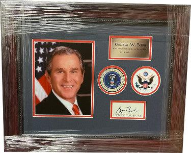 President George W. Bush signed Bookplate Custom Framing w/ 8x10 Photo/Presidential Seals- Beckett Review (18x22) - RSA