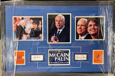 John McCain/Sarah Palin Dual Signed 2008 GOP Presidential Campaign Cut Sigs JSA/3-Photo/Convention Badges Custom Framing 25x39 - RSA