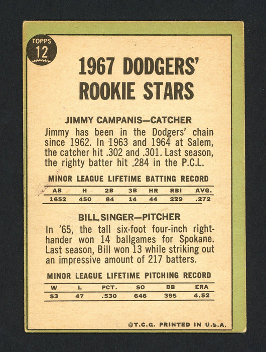 Jim Campanis & Bill Singer Autographed 1967 Topps Rookie Card #12 Los Angeles Dodgers SKU #161918 - RSA
