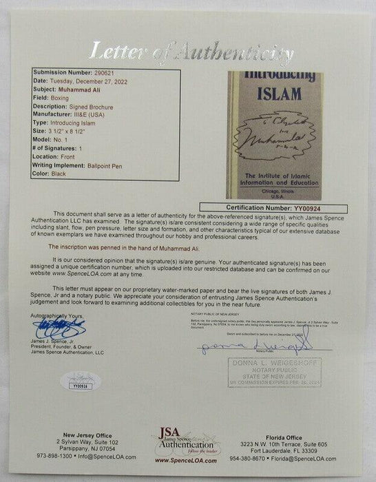 muhammad ali signed islam pamphlet jsa yy00924 certificate of authenticity
