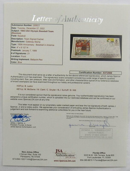 1984 USA Olympic Team Signed Cachet Envelope Barry Larkin Mark McGwire Will Clark +18 JSA XX72988 - RSA