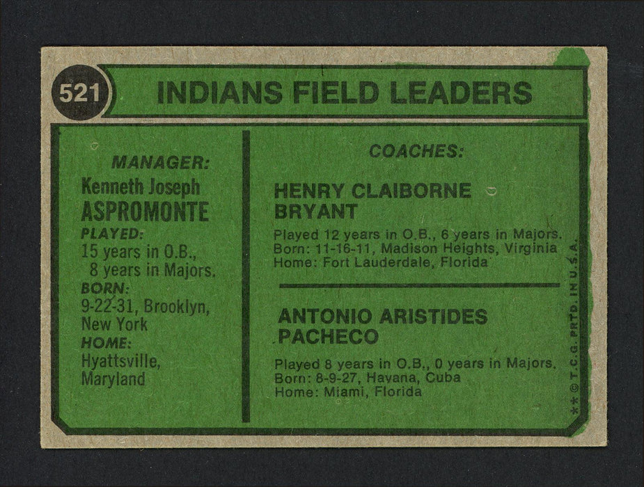 Ken Aspromonte & Tony Pacheco Autographed 1974 Topps Card #521 Cleveland Indians SKU #164142 - RSA