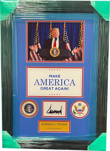 Donald Trump signed 3x5 Bookplate 8x10 Photo/MAGA/Presidential Seals- JSA Full LOA Custom Framing -45th President/POTUS - RSA