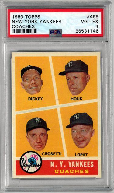 1960 Topps New York Yankees Coaches Card #465- PSA Graded 4 VG-EX (Bill Dickey/Frank Crosetti/Ralph Houk/Ed Lopat) - RSA