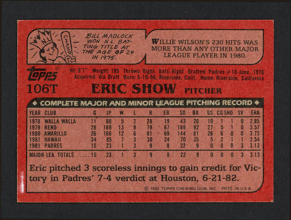 Eric Show Autographed 1982 Topps Traded Rookie Card #106T San Diego Padres SKU #164151 - RSA