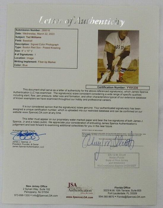 Ted Williams Signed 8x10 Photo JSA YY01230 - RSA