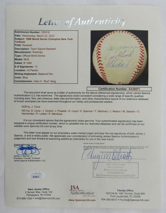 1998 Yankees Signed Baseball Jorge Posada Joe Torre David Cone +9 JSA XX38971 - RSA