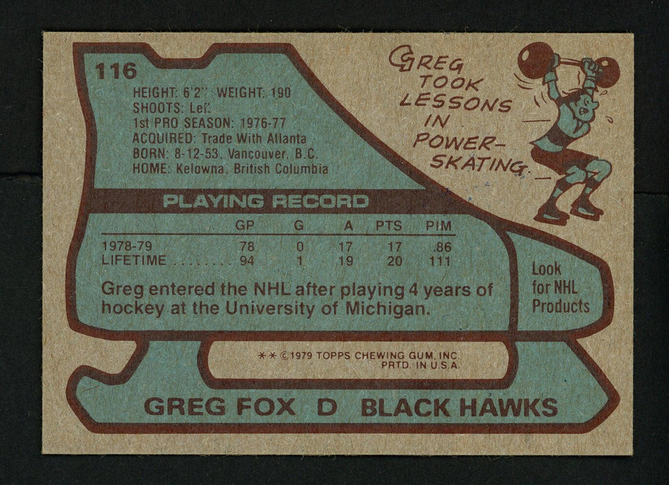 Greg Fox Autographed 1979-80 Topps Rookie Card #116 Chicago Blackhawks SKU #154319 - RSA
