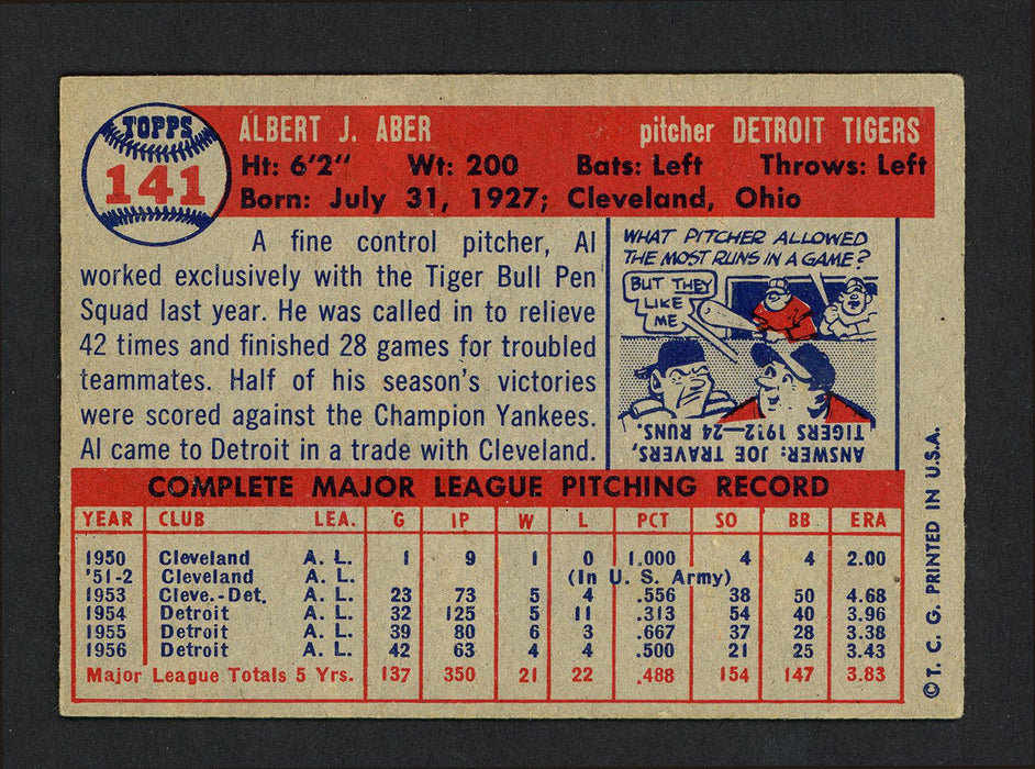 Al Aber Autographed 1957 Topps Card #141 Detroit Tigers SKU #164179 - RSA