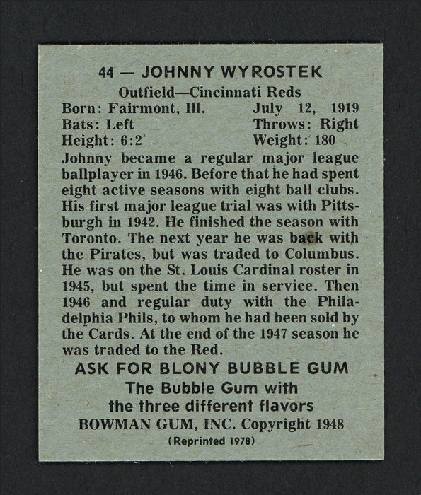 Johnny Wyrostek Autographed 1978 Bowman 1948 Bowman Reprint Card #44 Cincinnati Reds SKU #165733 - RSA