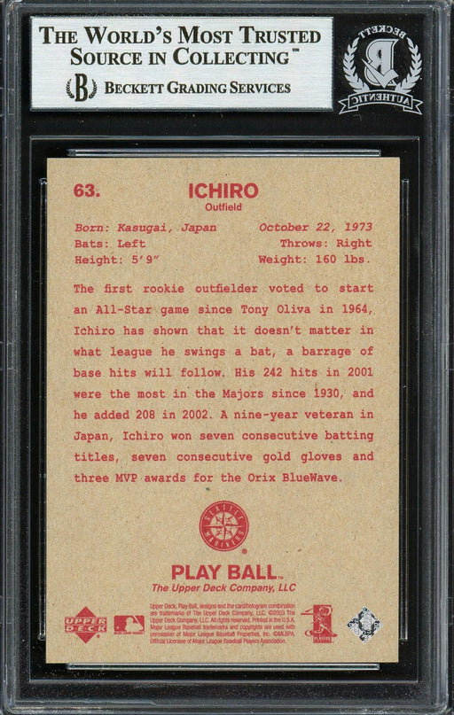 Ichiro Suzuki Autographed 2003 Upper Deck Play Ball Card #63 Seattle Mariners Beckett BAS Stock #191262 - RSA