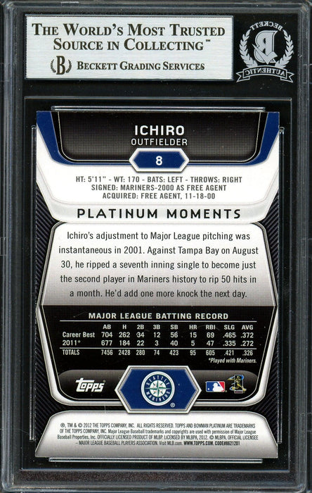 Ichiro Suzuki Autographed 2012 Bowman Platinum Card #8 Seattle Mariners Beckett BAS Stock #191343 - RSA