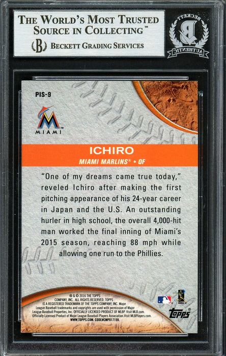 Ichiro Suzuki Autographed 2016 Topps Pressed Into Service Card #PIS-9 Miami Marlins Beckett BAS #12667985 - RSA
