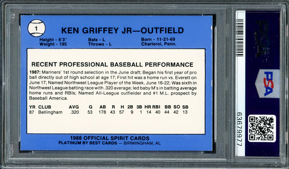 Ken Griffey Jr. Autographed 1988 Best Platinum Rookie Card #1 San Bernardino Spirit PSA 5 Auto Grade Gem Mint 10 PSA/DNA #63679977 - RSA