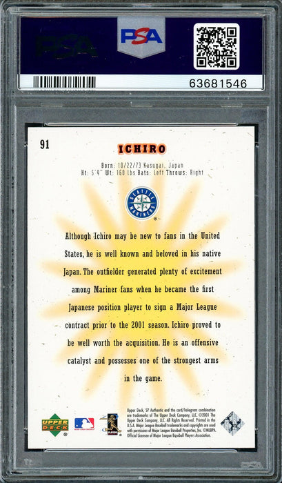Ichiro Suzuki Autographed 2001 SP Authentic Rookie Card #91 Seattle Mariners PSA 10 "01 ROY MVP" PSA/DNA #63681546 - RSA
