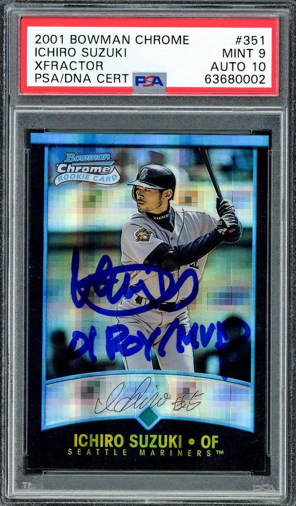 Ichiro Suzuki Autographed 2001 Bowman Chrome XFractor Rookie Card #351 Seattle Mariners PSA 9 Auto Grade Gem Mint 10 "01 ROY MVP" Highest Graded PSA/DNA #63680002 - RSA