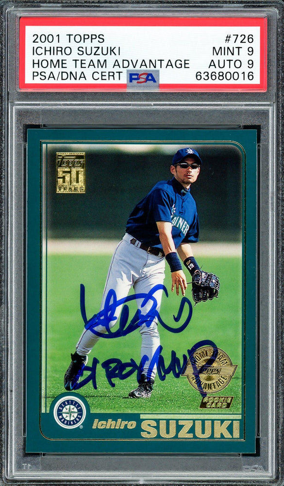 Ichiro Suzuki Autographed 2001 Topps Home Team Advantage Rookie Card #726 Seattle Mariners PSA 9 Auto Grade Mint 9 "01 ROY MVP" PSA/DNA #63680016 - RSA