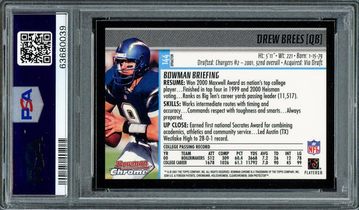 Drew Brees Autographed 2001 Bowman Chrome XFractor Rookie Card #144 New Orleans Saints PSA 9 Auto Grade Gem Mint 10 Highest Graded PSA/DNA #63680039 - RSA