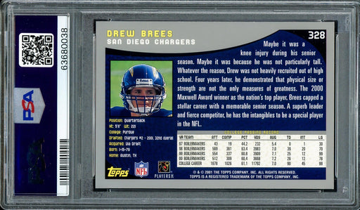 Drew Brees Autographed 2001 Topps Collection Rookie Card #328 New Orleans Saints PSA 9 Auto Grade Gem Mint 10 Highest Graded Pop 1 PSA/DNA #63680038 - RSA