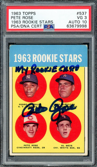 Pete Rose Autographed 1963 Topps Rookie Card #537 Cincinnati Reds PSA 3 Auto Grade Gem Mint 10 "My Rookie Card" PSA/DNA #63679998 - RSA