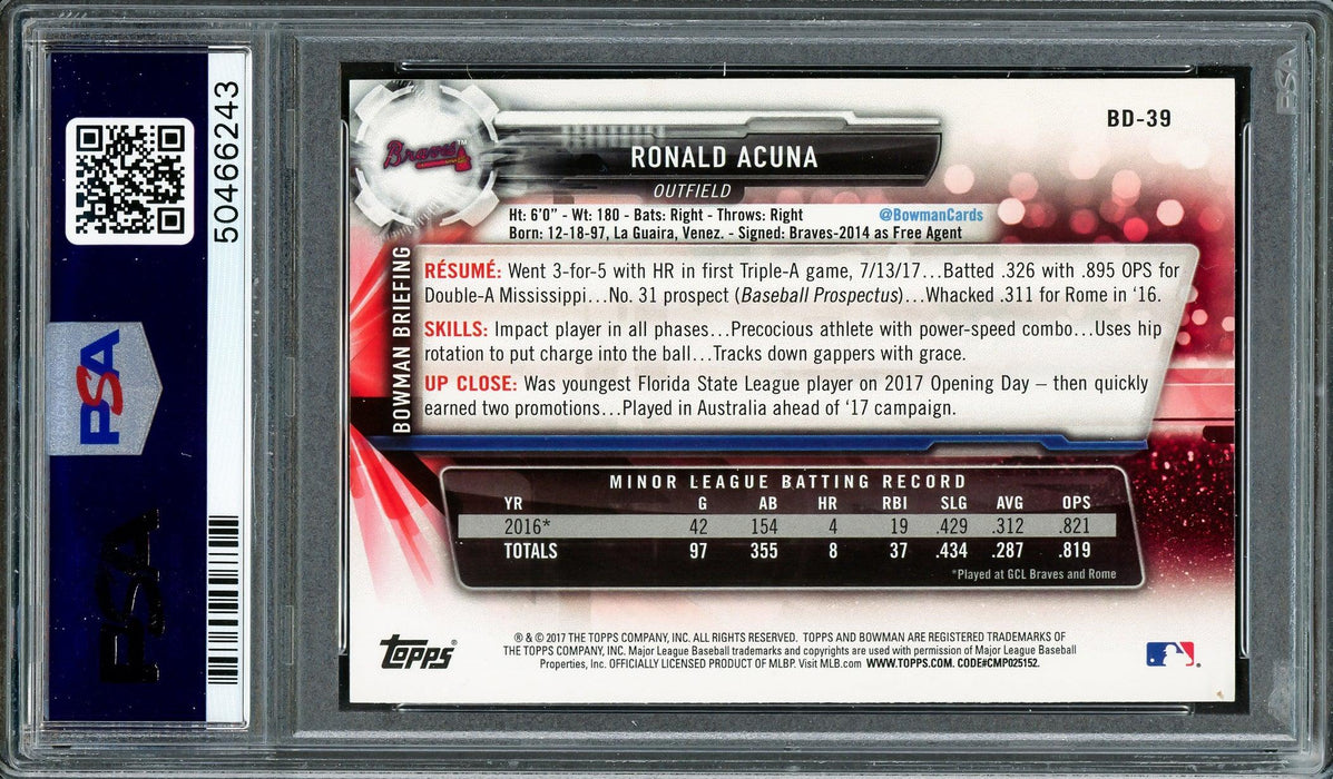 Ronald Acuna Jr. Autographed 2017 Bowman Draft Rookie Card #BD39 Atlanta Braves PSA 9 Auto Grade Gem Mint 10 PSA/DNA #50466243 - RSA