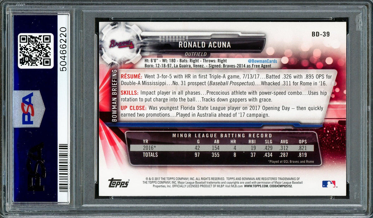 Ronald Acuna Jr. Autographed 2017 Bowman Draft Rookie Card #BD39 Atlanta Braves PSA 9 Auto Grade Mint 9 PSA/DNA #50466220 - RSA