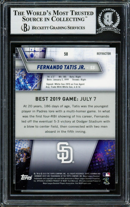 Fernando Tatis Jr. Autographed 2019 Bowman's Best Refractor Rookie Card #58 San Diego Padres Beckett BAS #14066118 - RSA