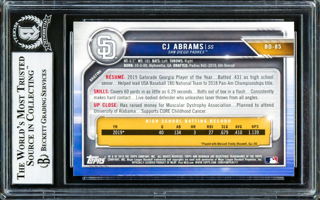 CJ Abrams Autographed 2019 Bowman Draft Rookie Card #BD85 San Diego Padres Stock Beckett BAS Stock #202749 - RSA