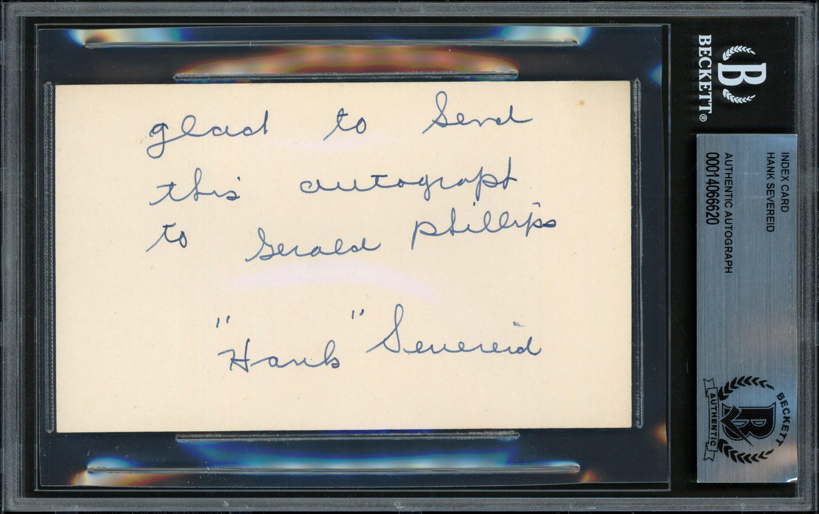 Hank Severeid Autographed 3x5 Index Card New York Yankees "To Gerald" Beckett BAS #14066620 - RSA