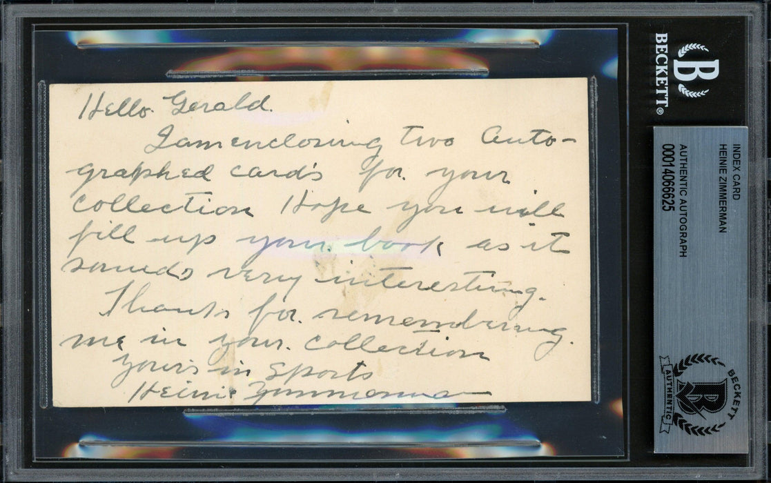 Heinie Zimmerman Autographed 3x5 Index Card Cubs, NY Giants "To Gerald" Beckett BAS #14066625 - RSA