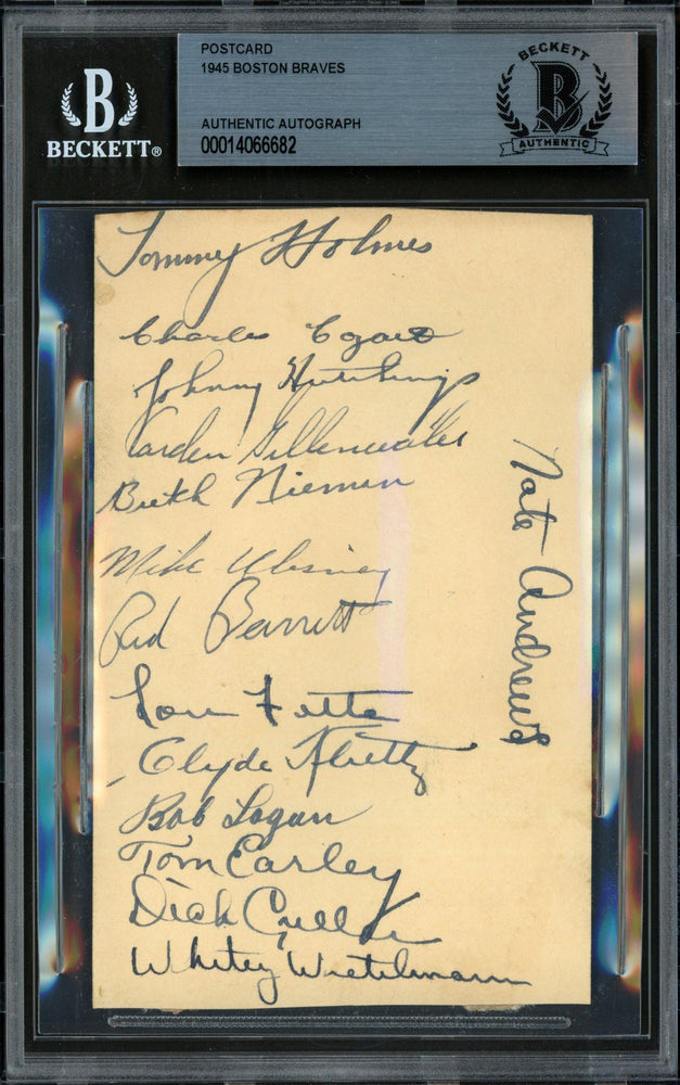 1945 Boston Braves Autographed 3.25x5.5 Government Postcard With 14 Signatures Beckett BAS #14066682 - RSA