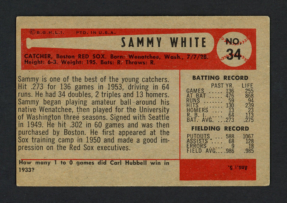 Sammy White Autographed 1954 Bowman Card #34 Boston Red Sox SKU #164240 - RSA