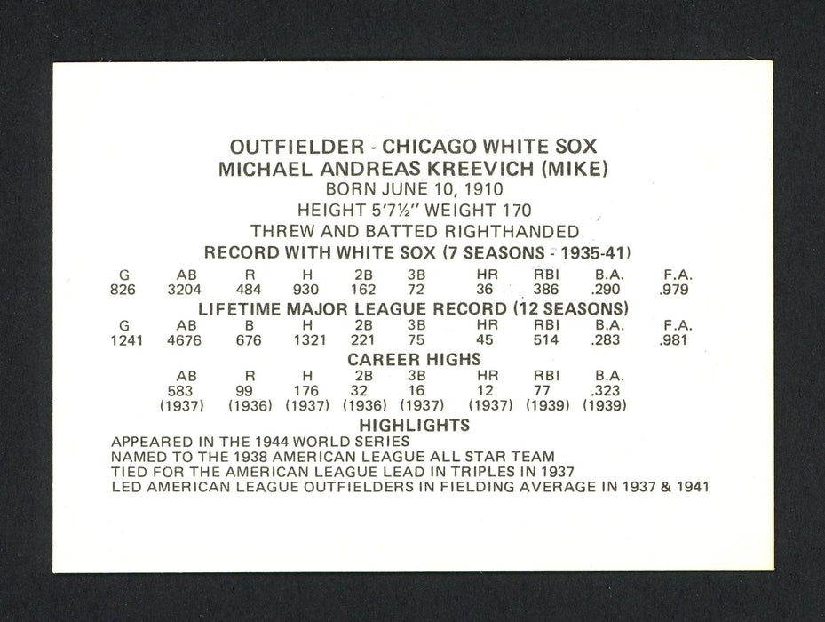 Mike Kreevich Autographed 1976 Chicago's Greats Card Chicago White Sox SKU #165794 - RSA